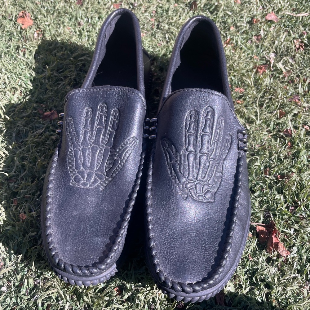 Black Slip-On Men's Loafers with Skeletal Hand Motif | Size 42 / 8.5-9